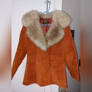 Orange and Cream Afghani Style Jacket with Plush Faux Fur Collar